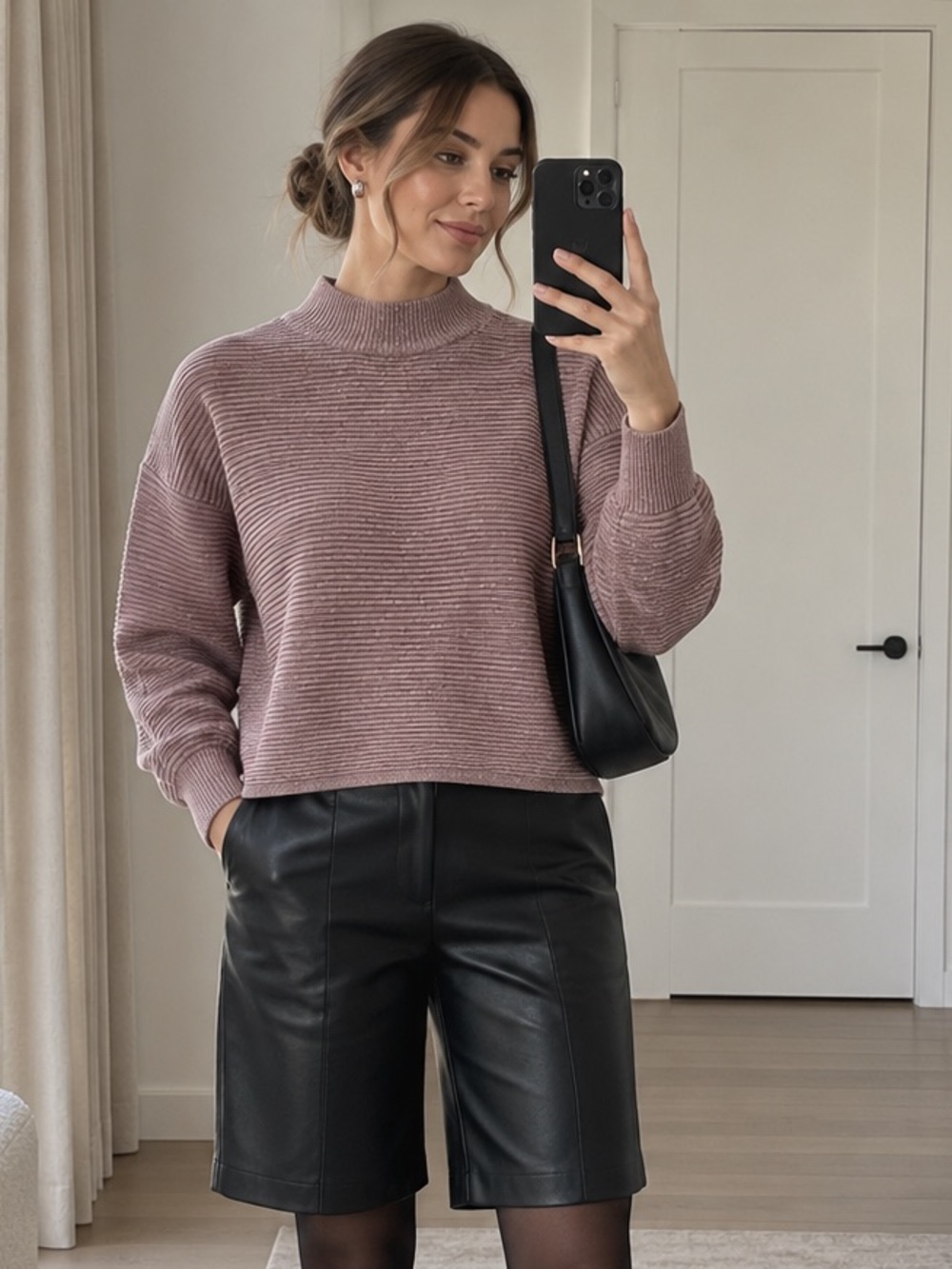 H&M Pink Metallic Ribbed Mock Neck Sweater XS